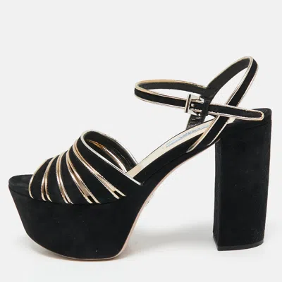 Pre-owned Prada Black/gold Suede And Leather Open Toe Ankle Strap Platform Sandals Size 38.5