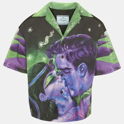 Pre-owned Prada Black/multicolor Impossible True Love Print Cotton Bowling Shirt M