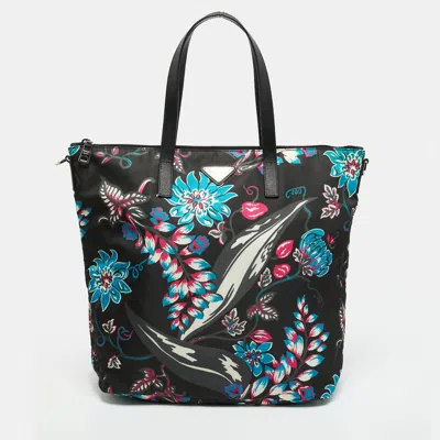 Pre-owned Prada Black/multicolor Printed Nylon And Saffiano Leather Zip Tote