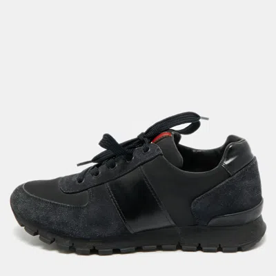 Pre-owned Prada Black/navy Blue Canvas And Leather Match Racer Lace Up Sneakers Size 39.5