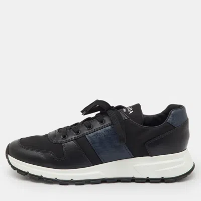 Pre-owned Prada Black/navy Blue Leather And Nylon Lace Up Sneakers Size 44