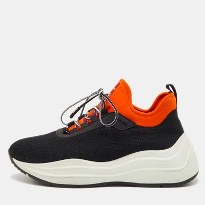 Pre-owned Prada Black/orange Mesh And Neoprene Chunky Sneakers Size 36