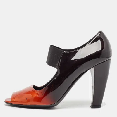 Pre-owned Prada Black/orange Patent Leather Peep Toe Pumps Size 40.5