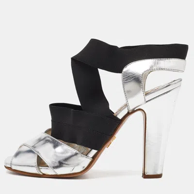 Pre-owned Prada Black/silver Leather And Fabric Strappy Open Toe Sandals Size 37