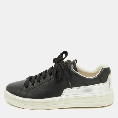 Pre-owned Prada Black/silver Leather Low Top Sneakers Size 38.5