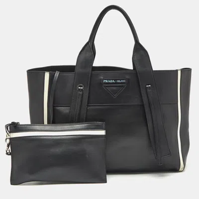 Pre-owned Prada Black/white Grace Lux Leather Large Ouverture Tote