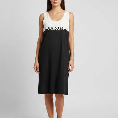 Pre-owned Prada Black/white Logo Graphic Cotton Knit Sleeveless Midi Dress S