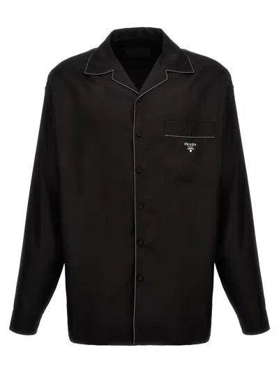 PRADA BLACKWHITE LOGO SILK SHIRT