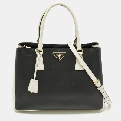Pre-owned Prada Black/white Saffiano Leather Medium Open Tote