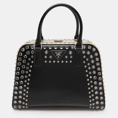 Pre-owned Prada Black/yellow Patent Leather Crystal Embellished Pyramid Frame Satchel