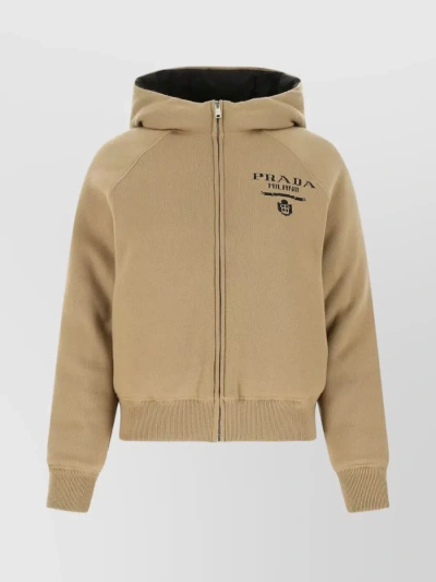 Prada Blend Hooded Jacket With Front Pockets And Ribbed Cuffs In Cream
