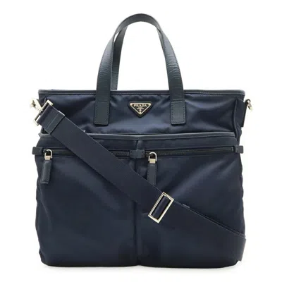Pre-owned Prada Bleu Navy Nylon Leather Shoulder Bag Tote Bag () In Multi