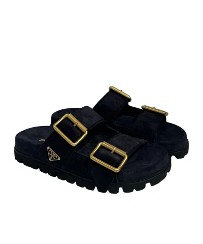 Prada Suede Flat Sole Slippers In Blue