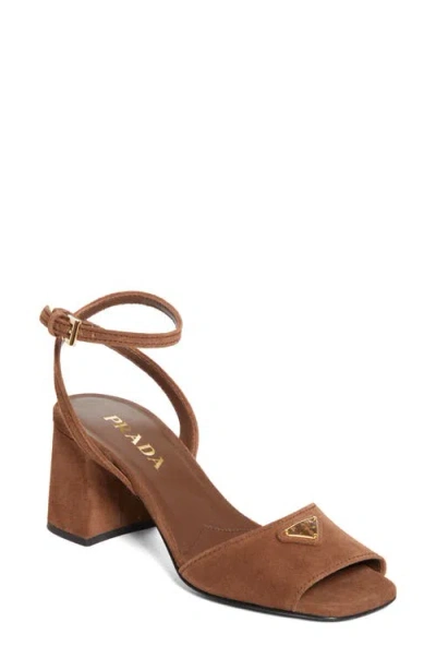 Prada Block Heel Ankle Strap Sandal In Brown
