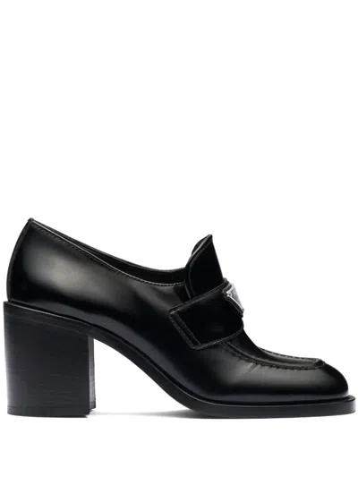 Prada Chocolate High-heeled Brushed Leather Loafers In Black