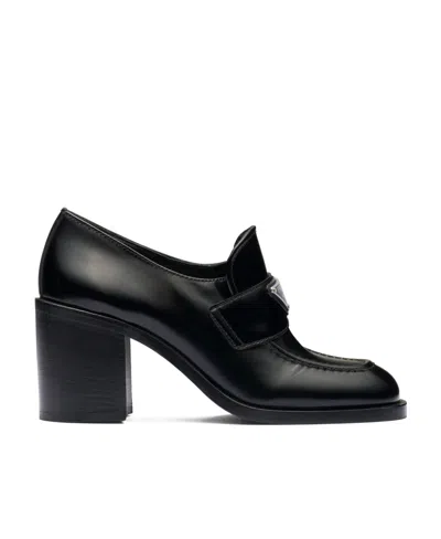 Prada Chocolate High-heeled Brushed Leather Loafers In Black