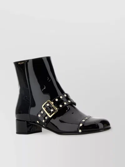 Prada Block Heel Leather Ankle Boots In Black
