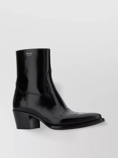 Prada Block Heel Leather Ankle Boots