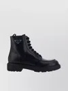 Prada Block Heel Leather Ankle Boots In Black