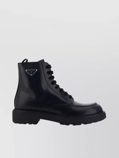 Prada Block Heel Leather Ankle Boots In Black