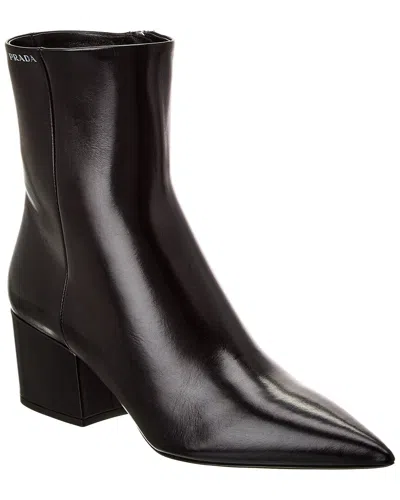 Prada Block Heel Leather Bootie In Black