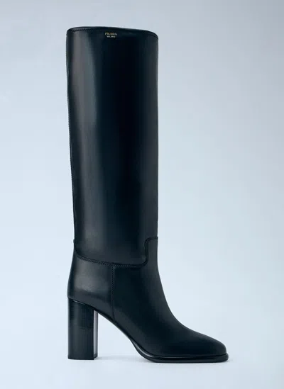 Prada Block Heel Leather Boots In Black