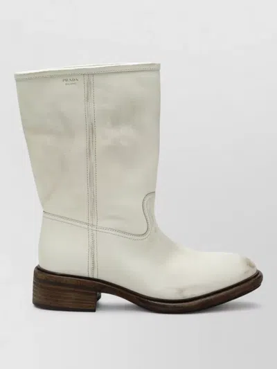 Prada Block Heel Mid Calf Length Round Toe Boots In Multi