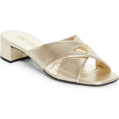 Prada Block Heel Square Toe Sandal In Gold