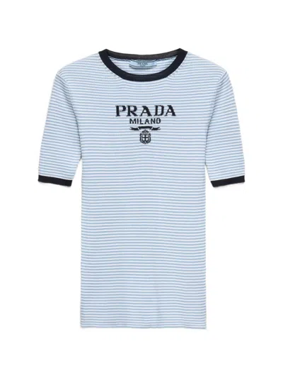 Prada Striped Silk Crew-neck Sweater In White
