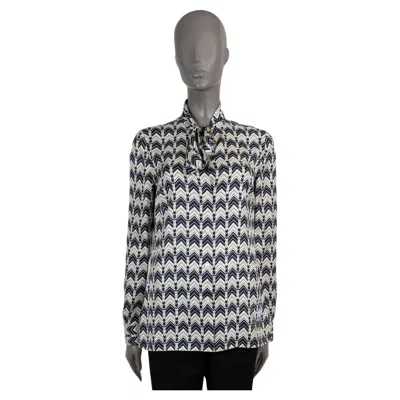 Pre-owned Prada Blue & Cream Silk 2020 Chevron Pussy-bow Blouse Shirt 40 S In White