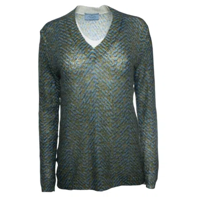 Pre-owned Prada , Blue And Green Printed V Neck Sweater