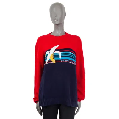 Pre-owned Prada Blue & Red Wool 2018 Banana Crewneck Sweater 44 L