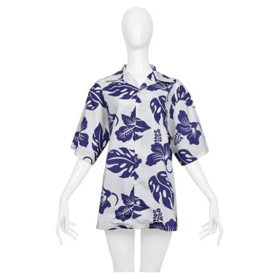 Pre-owned Prada Blue And White Hibiscus Print Hawaiian Shirt 2022