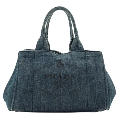 Pre-owned Prada Blue Avio Denim Jeans Canapa Tote Handbag Logo Print