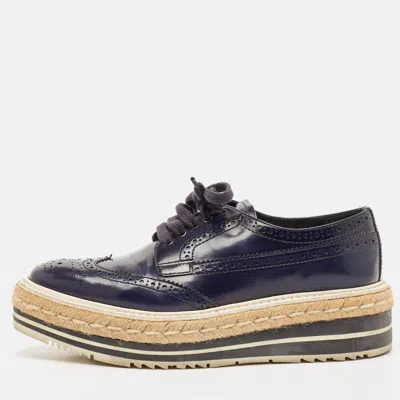 Pre-owned Prada Blue Brogue Leather Derby Lace Up Espadrille Sneakers Size 36 In Navy Blue