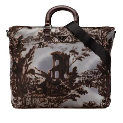Pre-owned Prada Blue Brown Gray Nylon Leather Handbag Shoulder Bag Tote Bag ()