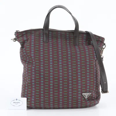 Pre-owned Prada Blue Brown Purple Leather Canvas Shoulder Bag Tote Bag () In Blue, Brown, Purple