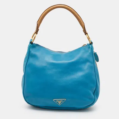 Pre-owned Prada Blue Cervo Leather Zip Around Hobo