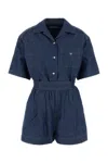 Prada Chambray Jumpsuit Belted Waist Chest Pocket Short Sleeves In Blue