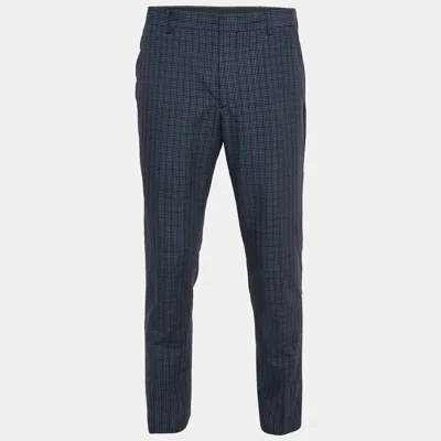 Pre-owned Prada Blue Checked Wool Regular Fit Trousers L