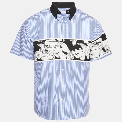 Pre-owned Prada Blue Comic Print Striped Cotton Short Sleeve Shirt M
