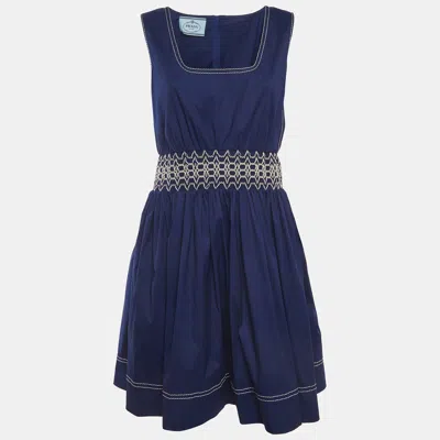 Pre-owned Prada Blue Cotton Shirring Short Dress L