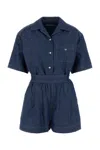 Prada Chambray Jumpsuit Belted Waist Chest Pocket Short Sleeves In Blue