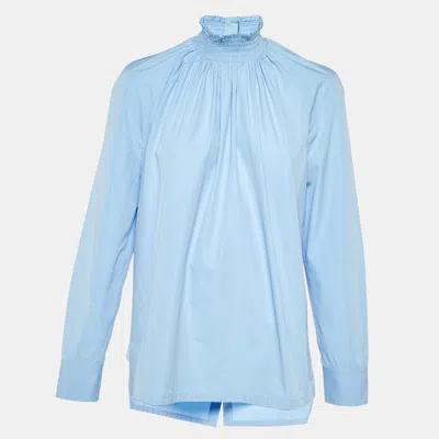 Pre-owned Prada Blue Cotton Smocked Neck Blouse M