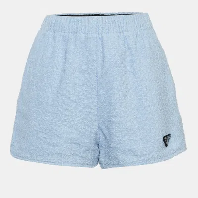 Pre-owned Prada Blue Cotton Terry Logo Plaque Shorts Xs