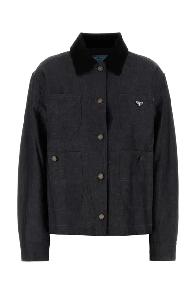Prada Blue Cotton-linen Coat In Black