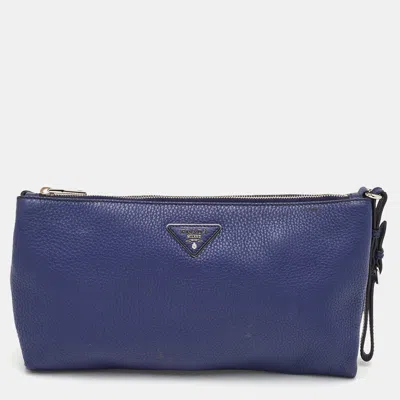 Pre-owned Prada Blue Daino Leather Wristlet Pouch