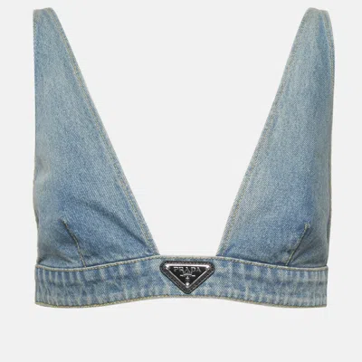 Pre-owned Prada Blue Denim Logo Plaque Bralette Top M