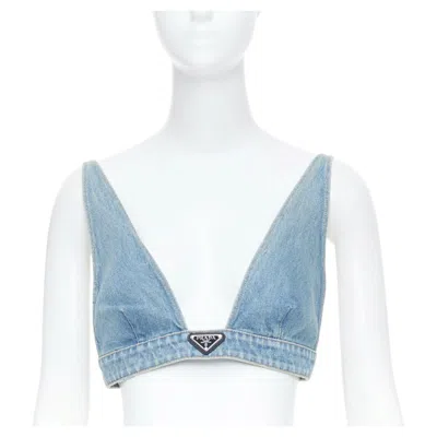 Pre-owned Prada Blue Denim Triangle Logo Seal Plaque Bra Top It42 M