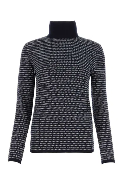 PRADA BLUE EMBROIDERED WOOL SWEATER